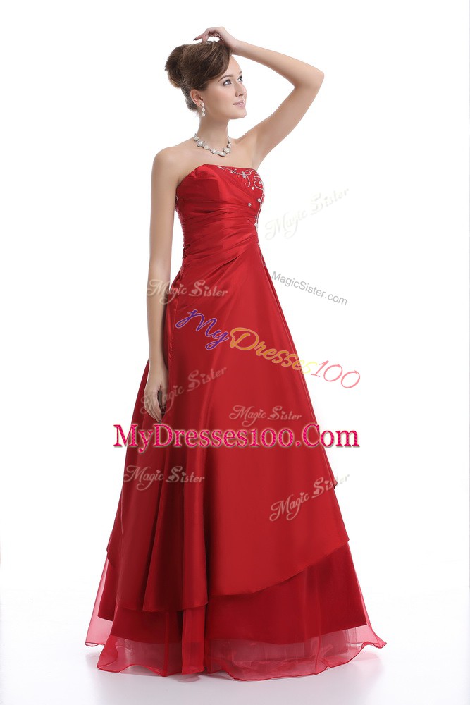Floor Length Red Homecoming Dress Strapless Sleeveless Lace Up