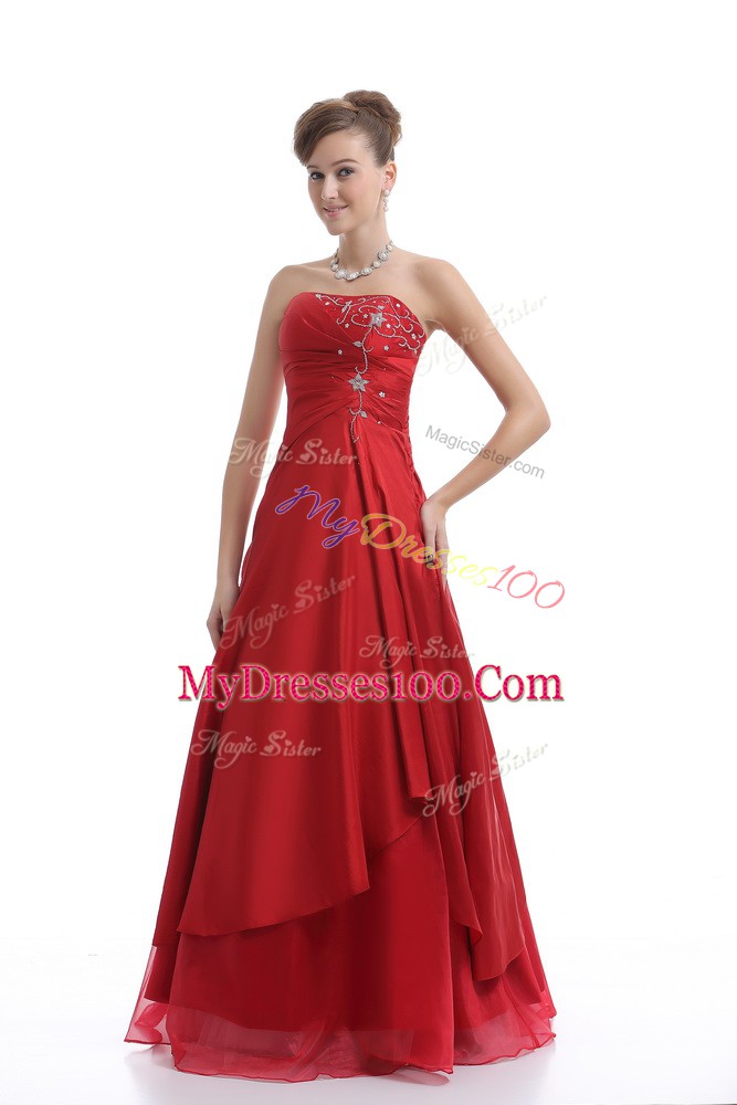 Floor Length Red Homecoming Dress Strapless Sleeveless Lace Up