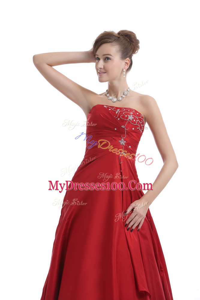 Floor Length Red Homecoming Dress Strapless Sleeveless Lace Up