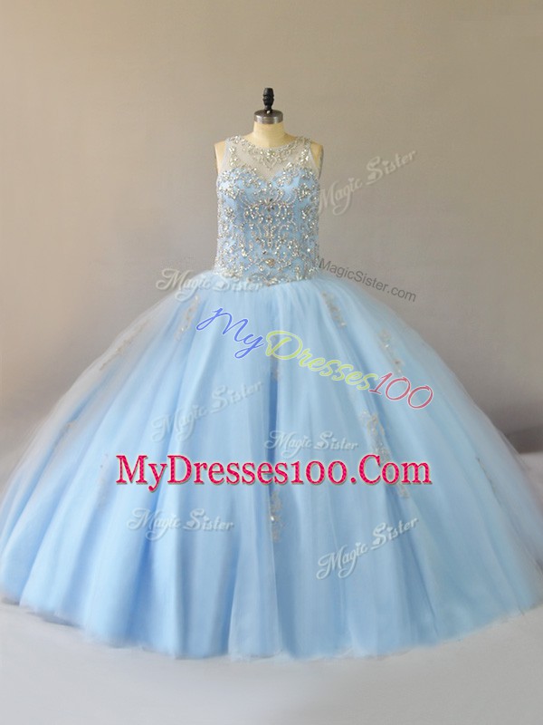Modern Floor Length Lace Up 15 Quinceanera Dress Light Blue for Sweet 16 and Quinceanera with Beading