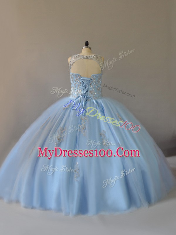 Modern Floor Length Lace Up 15 Quinceanera Dress Light Blue for Sweet 16 and Quinceanera with Beading