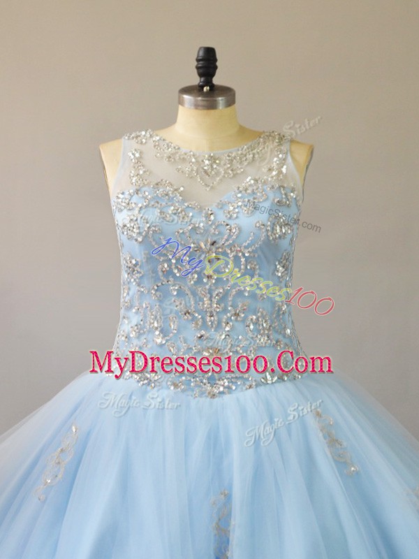Modern Floor Length Lace Up 15 Quinceanera Dress Light Blue for Sweet 16 and Quinceanera with Beading
