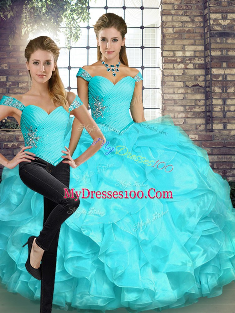 Aqua Blue Sleeveless Floor Length Beading and Ruffles Lace Up Vestidos de Quinceanera