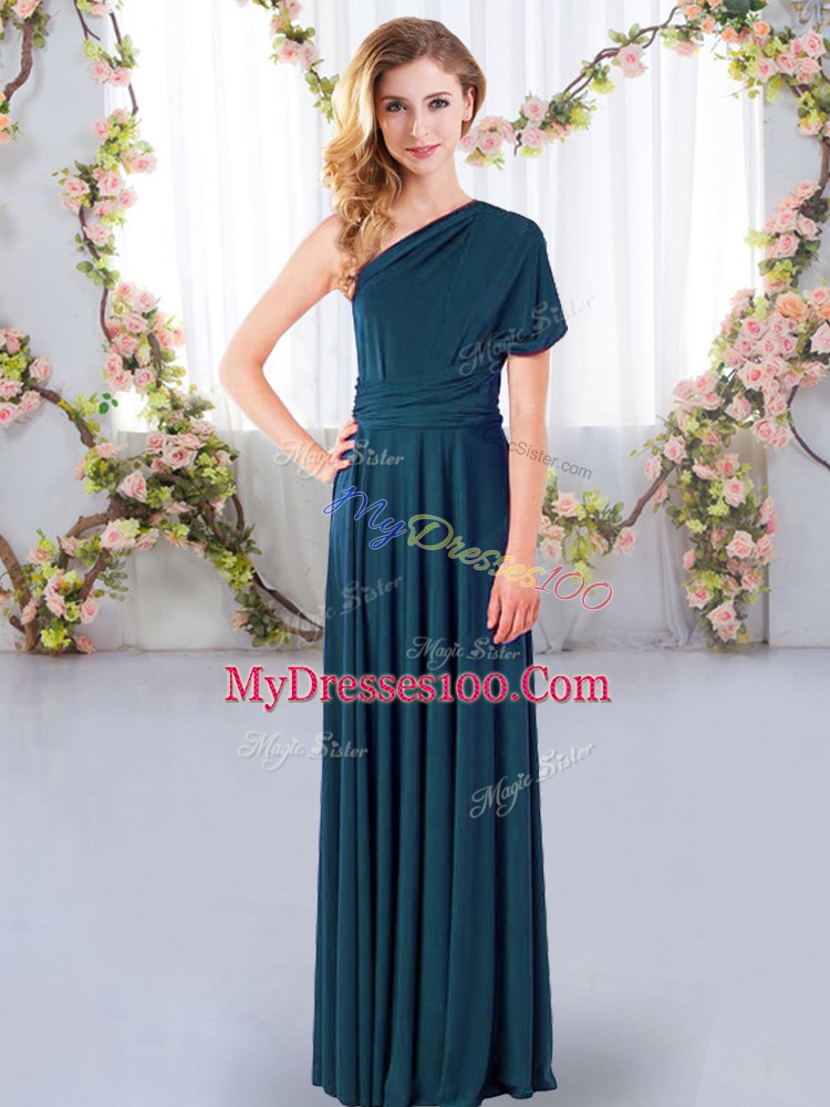 Floor Length Teal Wedding Party Dress One Shoulder Sleeveless Criss Cross