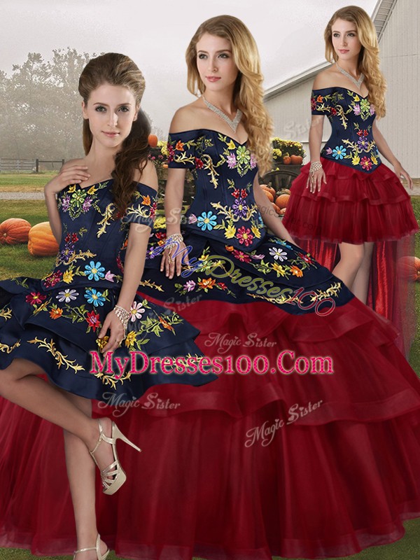Best Tulle Off The Shoulder Sleeveless Brush Train Lace Up Embroidery and Ruffled Layers Sweet 16 Dress in Wine Red