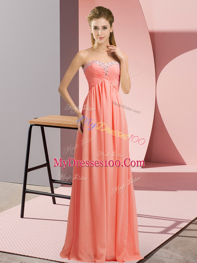 Exceptional Watermelon Red Empire Halter Top Sleeveless Chiffon Floor Length Lace Up Beading Prom Evening Gown