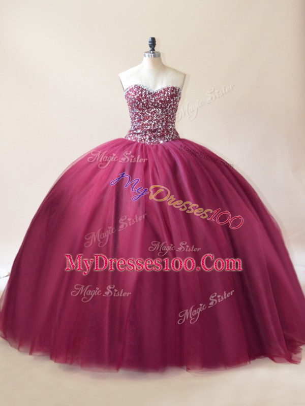 Custom Fit Burgundy Sleeveless Floor Length Beading Lace Up Quinceanera Gown