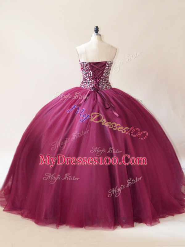 Custom Fit Burgundy Sleeveless Floor Length Beading Lace Up Quinceanera Gown