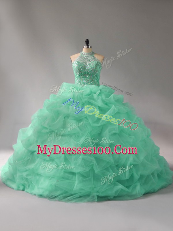 Free and Easy Apple Green Ball Gowns Organza Halter Top Sleeveless Beading and Pick Ups Lace Up 15 Quinceanera Dress Court Train