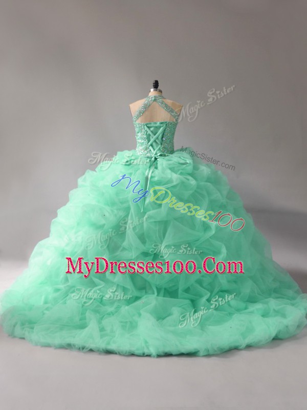 Free and Easy Apple Green Ball Gowns Organza Halter Top Sleeveless Beading and Pick Ups Lace Up 15 Quinceanera Dress Court Train
