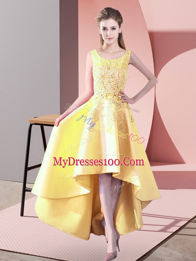 Unique Yellow Satin Zipper Dama Dress Sleeveless High Low Lace
