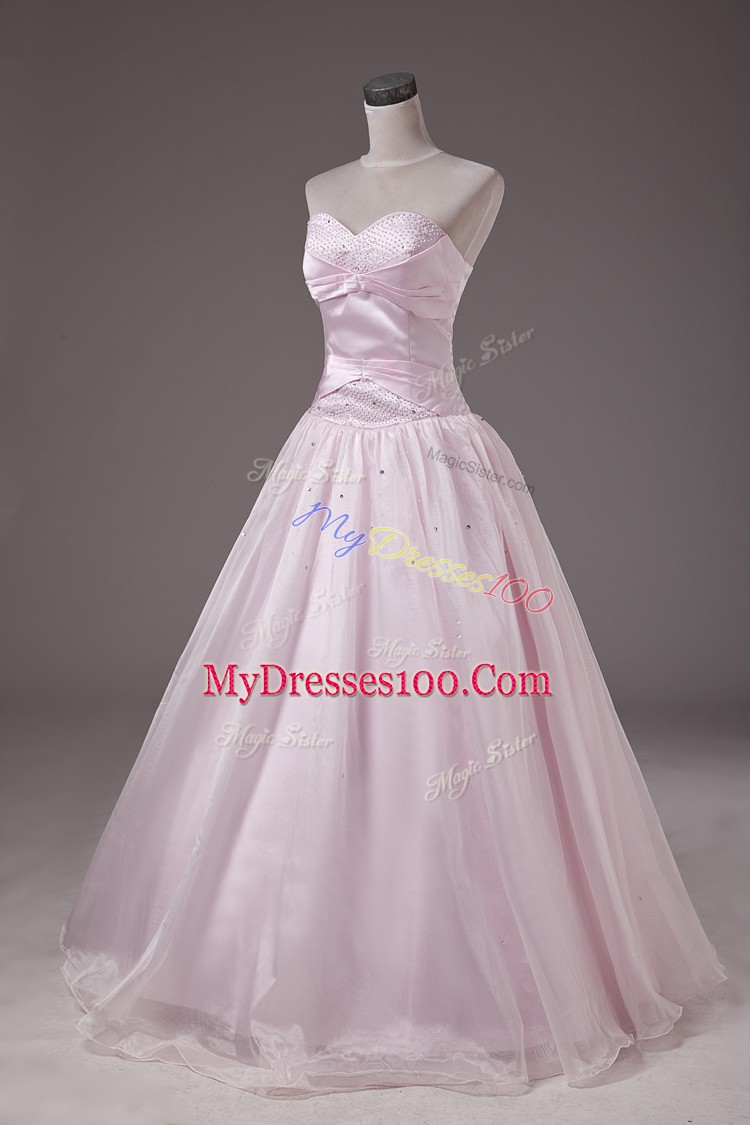 Eye-catching Sweetheart Sleeveless Vestidos de Quinceanera Floor Length Beading Baby Pink Organza