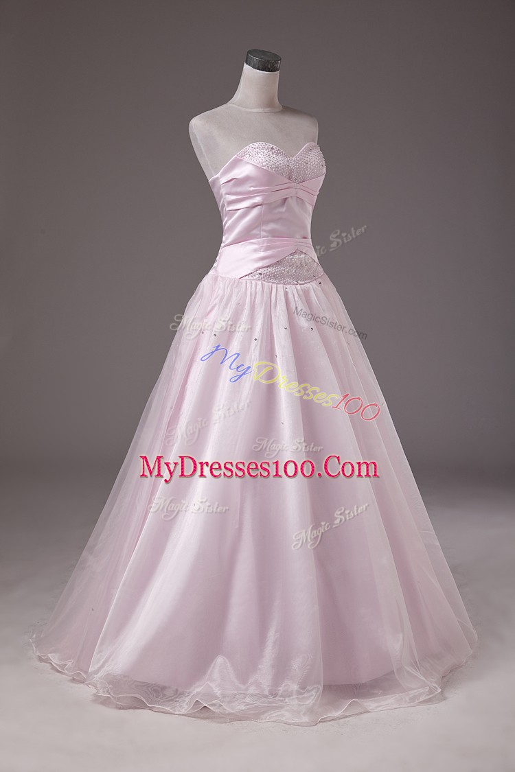 Eye-catching Sweetheart Sleeveless Vestidos de Quinceanera Floor Length Beading Baby Pink Organza