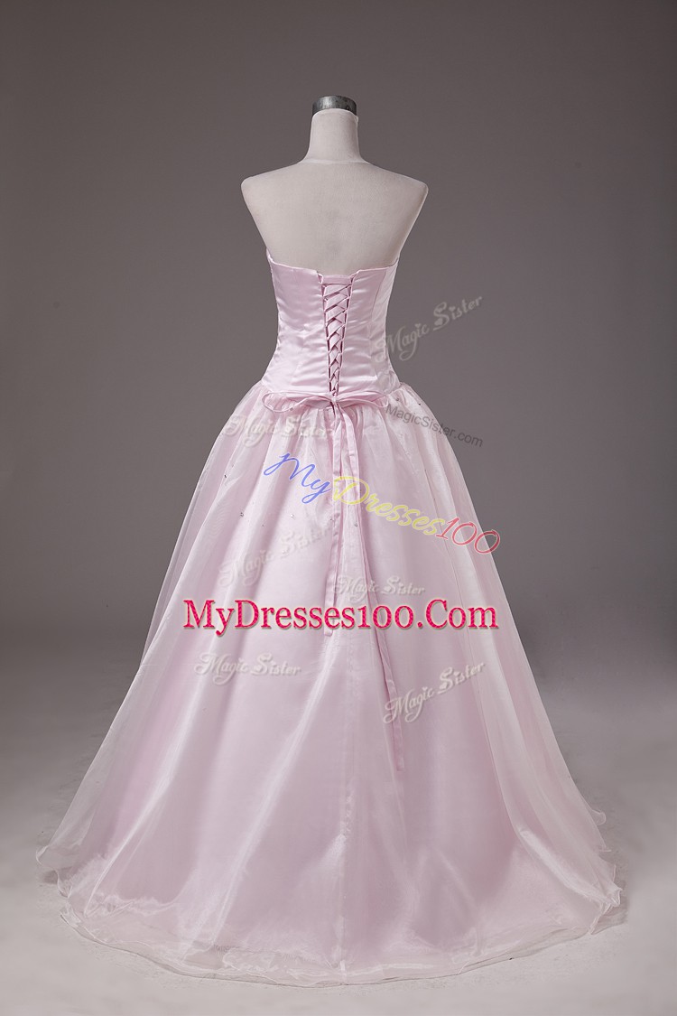 Eye-catching Sweetheart Sleeveless Vestidos de Quinceanera Floor Length Beading Baby Pink Organza