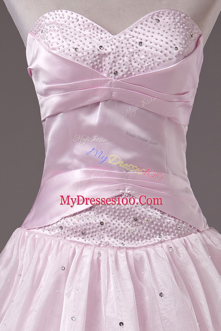 Eye-catching Sweetheart Sleeveless Vestidos de Quinceanera Floor Length Beading Baby Pink Organza