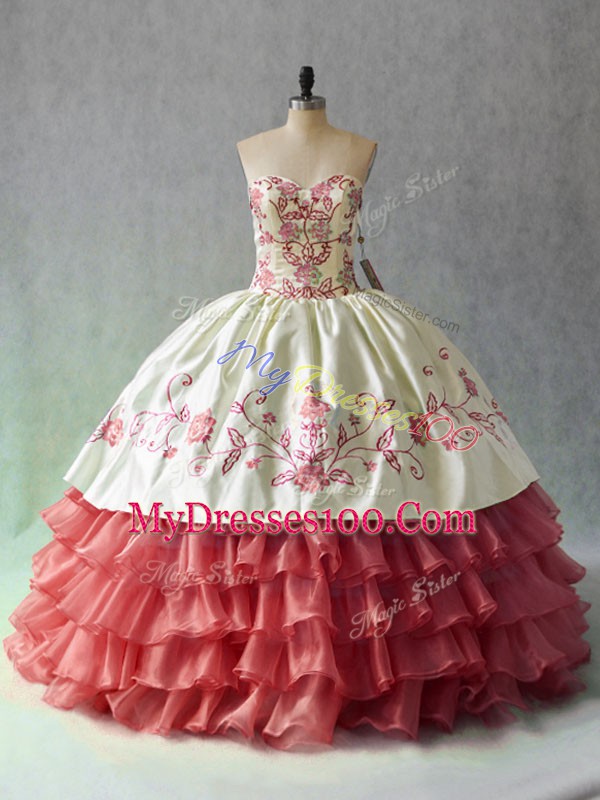 Dazzling Sleeveless Satin and Organza Floor Length Lace Up Sweet 16 Dresses in White And Red with Embroidery and Ruffled Layers