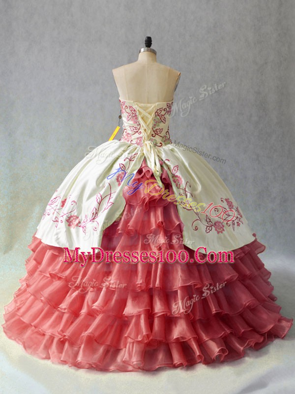 Dazzling Sleeveless Satin and Organza Floor Length Lace Up Sweet 16 Dresses in White And Red with Embroidery and Ruffled Layers