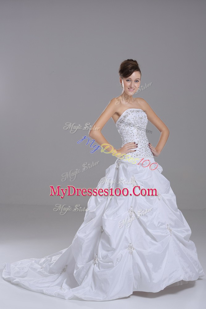 High Class White Taffeta Lace Up Wedding Gown Sleeveless Brush Train Beading and Pick Ups
