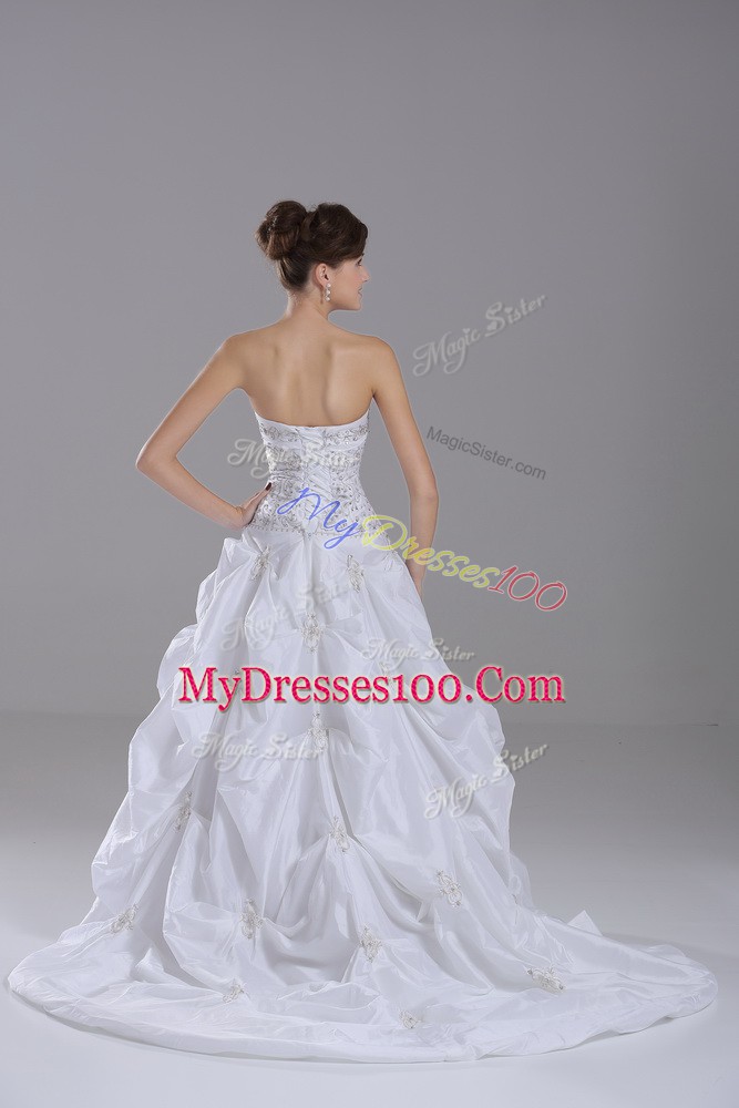 High Class White Taffeta Lace Up Wedding Gown Sleeveless Brush Train Beading and Pick Ups