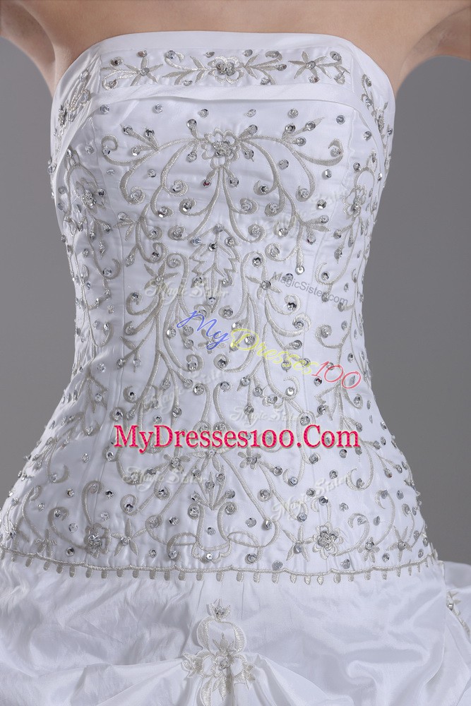 High Class White Taffeta Lace Up Wedding Gown Sleeveless Brush Train Beading and Pick Ups