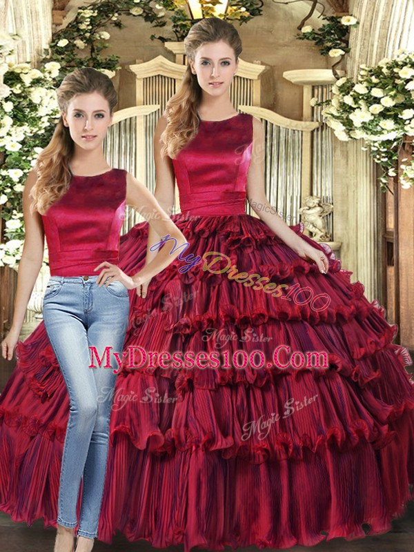 Edgy Wine Red 15 Quinceanera Dress Military Ball and Sweet 16 and Quinceanera with Ruffled Layers Scoop Sleeveless Lace Up