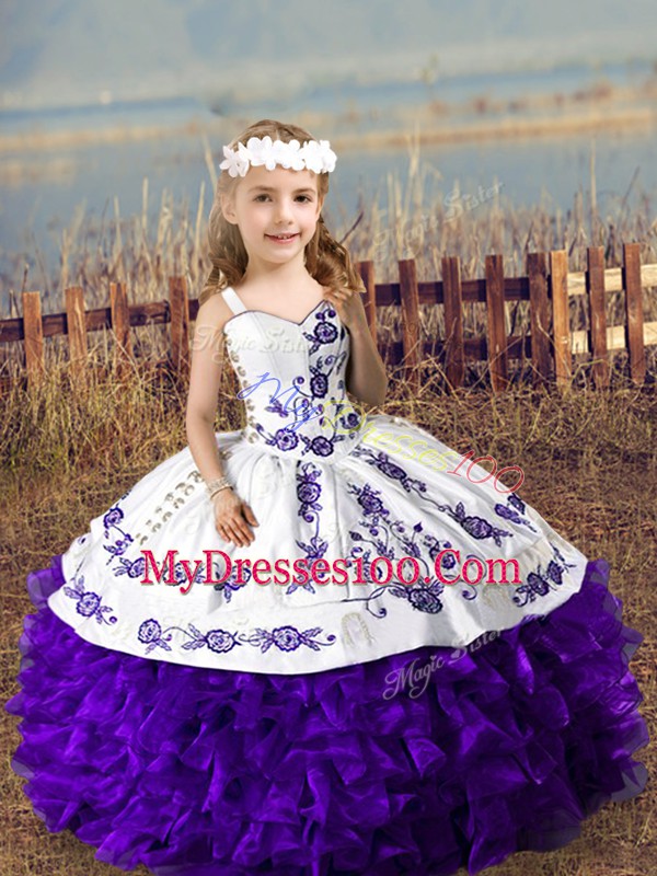 Purple Sleeveless Embroidery and Ruffles Floor Length Pageant Dress Womens