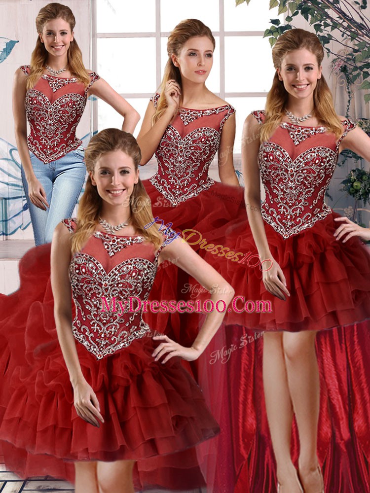 Custom Fit Wine Red Quinceanera Dress Organza Brush Train Sleeveless Beading and Pick Ups