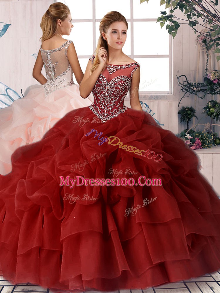 Custom Fit Wine Red Quinceanera Dress Organza Brush Train Sleeveless Beading and Pick Ups