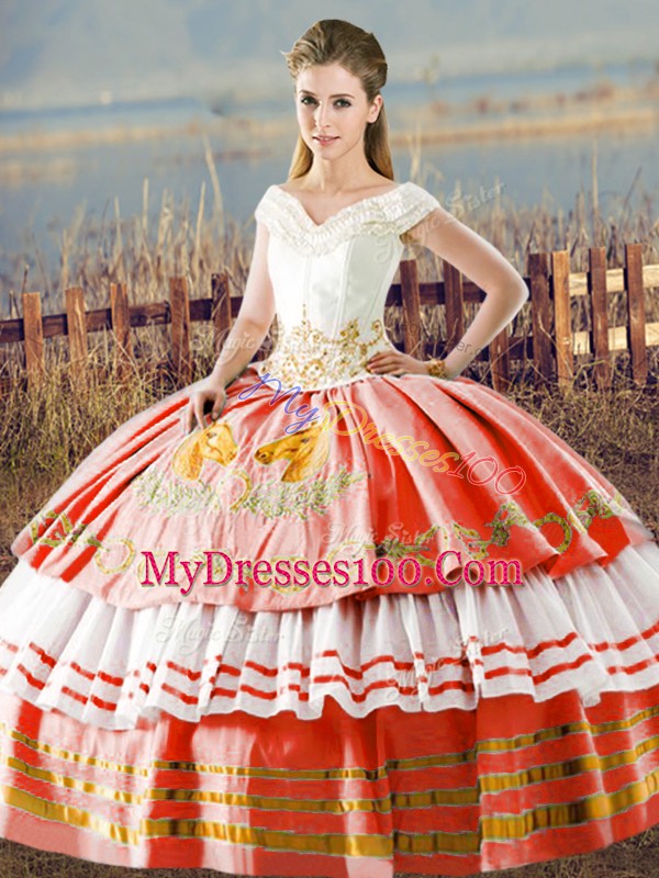 Floor Length White And Red Quince Ball Gowns Satin Sleeveless Embroidery and Ruffled Layers