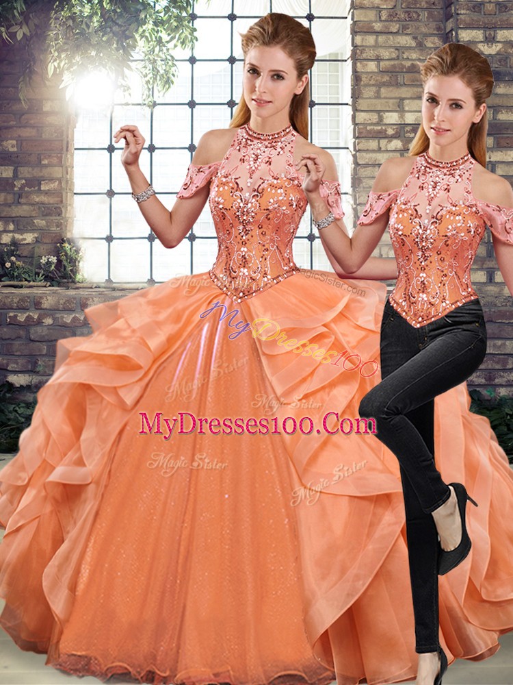 Custom Fit Floor Length Lace Up Quince Ball Gowns Orange for Military Ball and Sweet 16 and Quinceanera with Beading and Ruffles