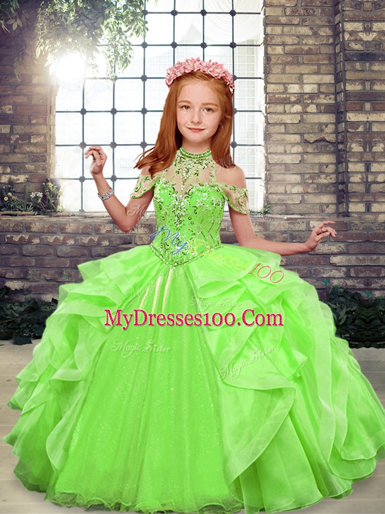Green Organza Lace Up High-neck Sleeveless Floor Length Pageant Dress Wholesale Beading and Ruffles