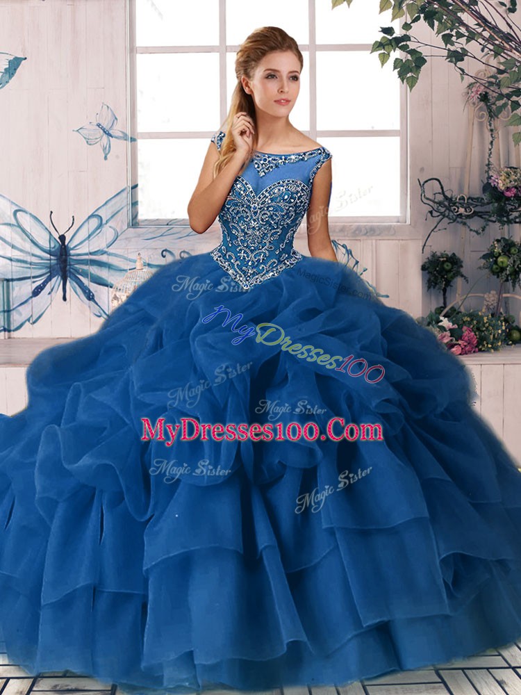Enchanting Sleeveless Beading and Pick Ups Zipper 15th Birthday Dress with Royal Blue Brush Train