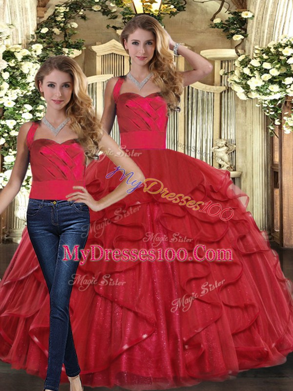 Red Tulle Lace Up Quinceanera Gowns Sleeveless Floor Length Ruffles