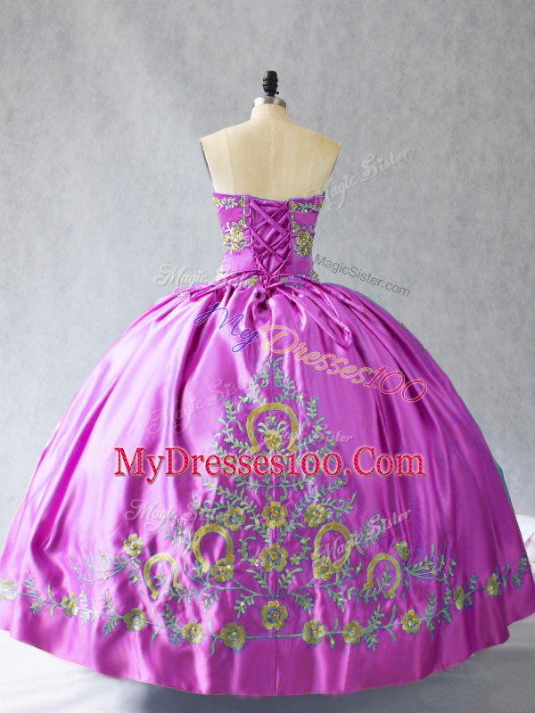 Luxury Satin Sweetheart Sleeveless Lace Up Embroidery Ball Gown Prom Dress in Lilac