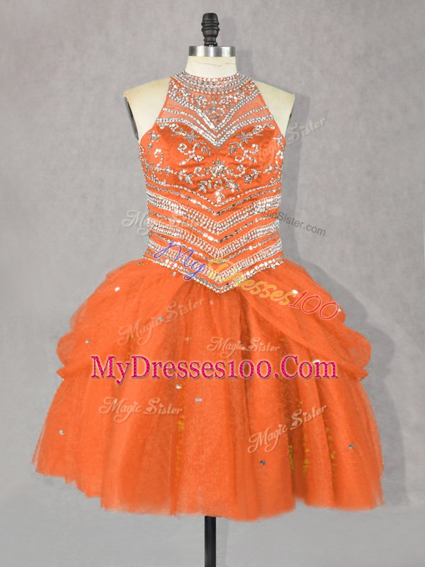 Luxurious Mini Length Lace Up Orange Red for Prom and Party with Beading