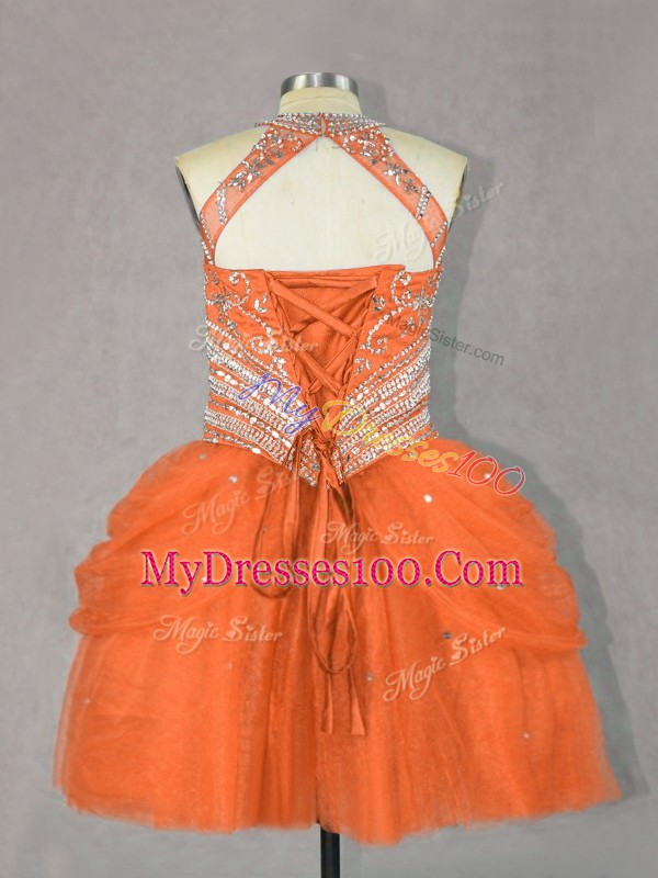 Luxurious Mini Length Lace Up Orange Red for Prom and Party with Beading