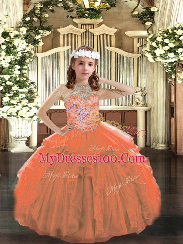 Orange Sleeveless Tulle Lace Up Little Girls Pageant Dress for Party and Wedding Party