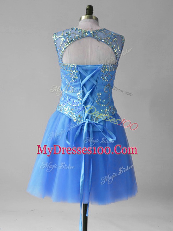 Hot Sale Scoop Sleeveless Lace Up Prom Gown Blue Tulle