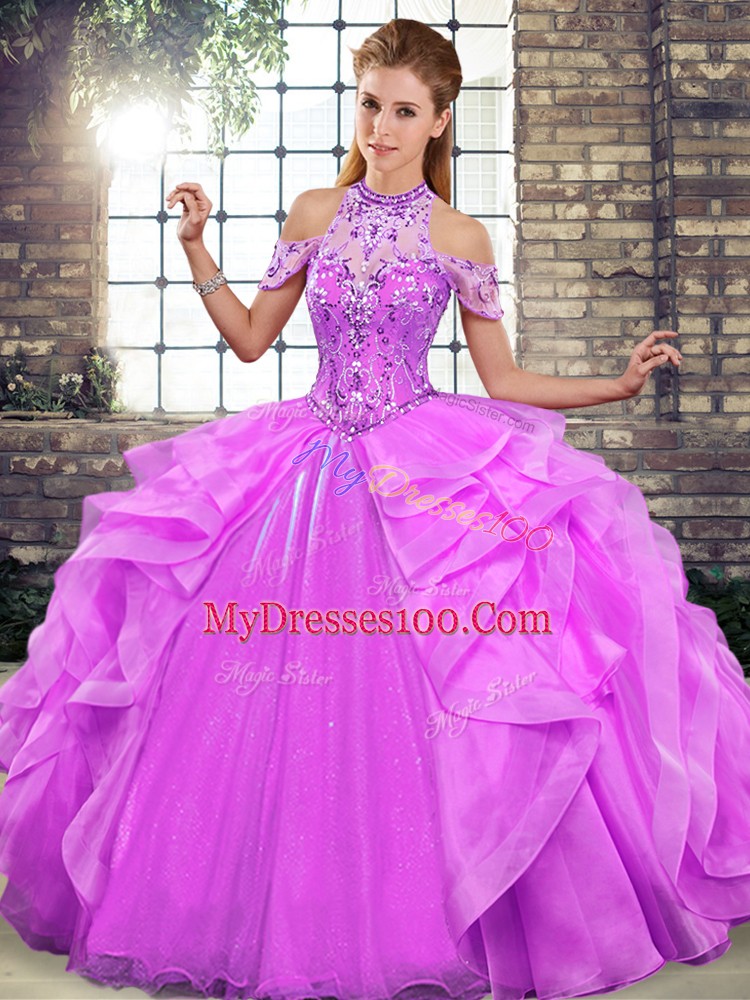 Fantastic Floor Length Lilac 15 Quinceanera Dress Organza Sleeveless Beading and Ruffles