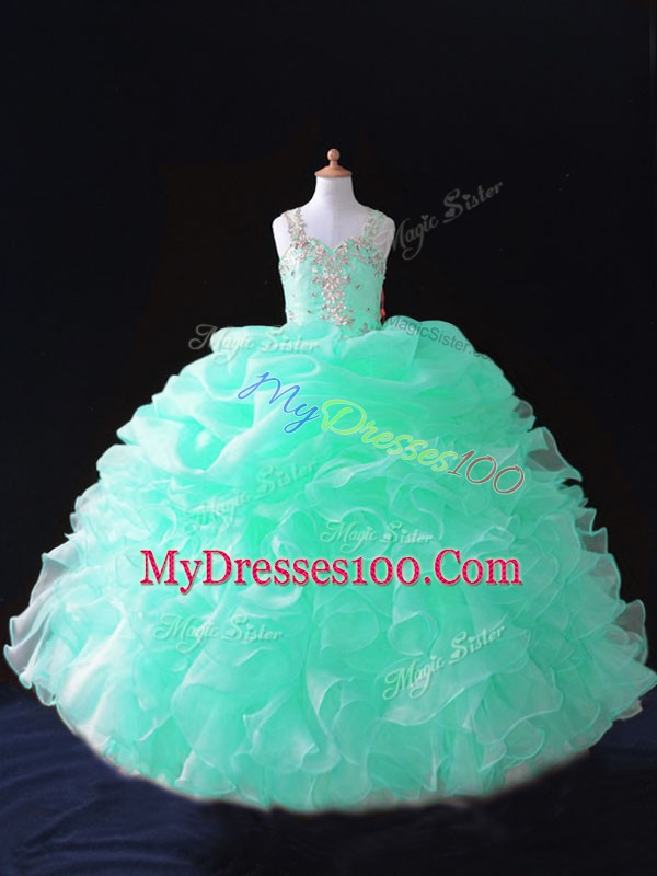 Sweet Straps Sleeveless Organza Child Pageant Dress Beading and Ruffles and Pick Ups Zipper