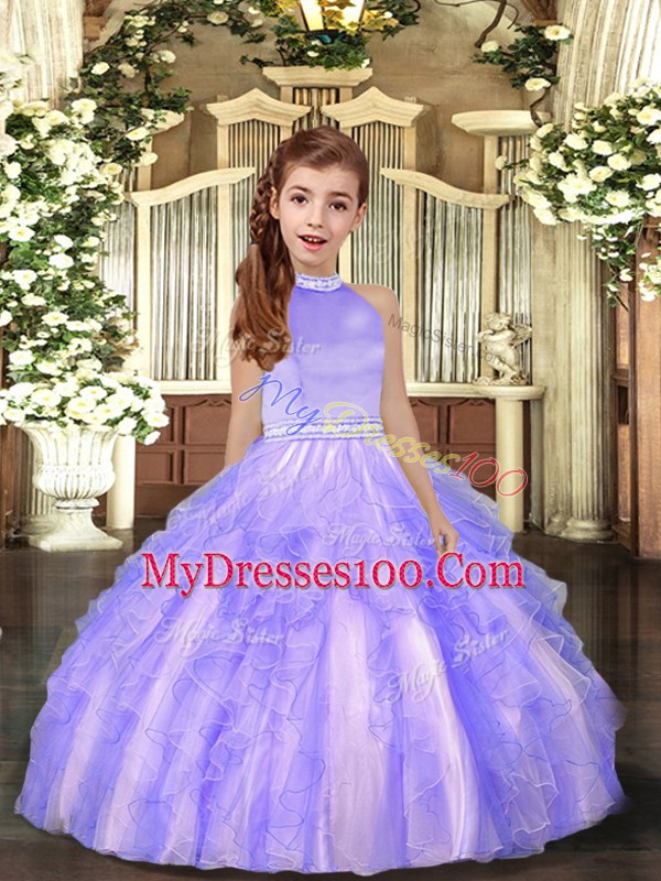 Lavender Little Girl Pageant Dress Party and Sweet 16 and Wedding Party with Beading and Ruffles High-neck Sleeveless Backless