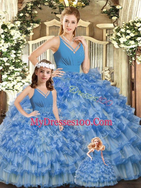 Floor Length Blue Quinceanera Gown V-neck Sleeveless Backless