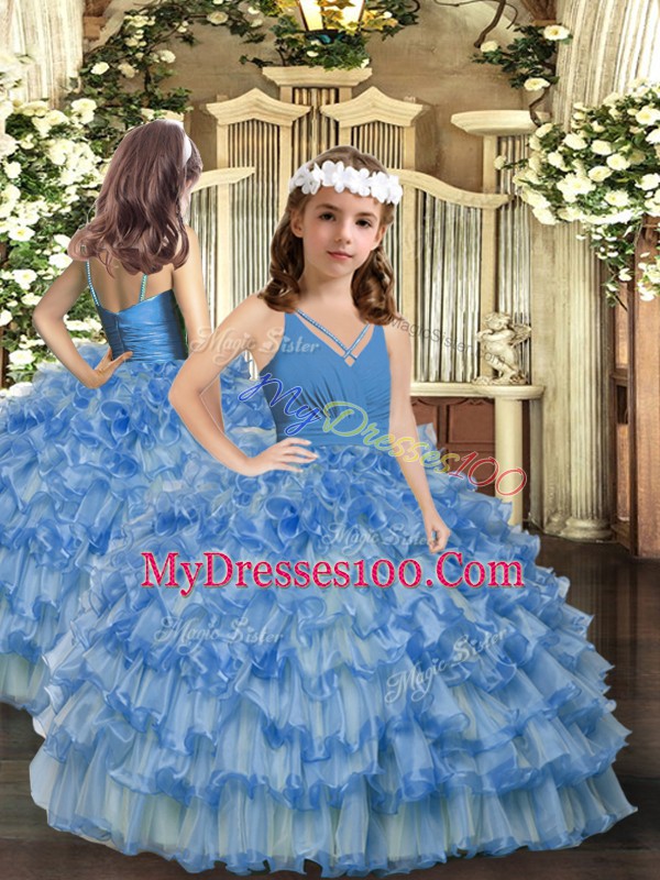 Floor Length Blue Quinceanera Gown V-neck Sleeveless Backless
