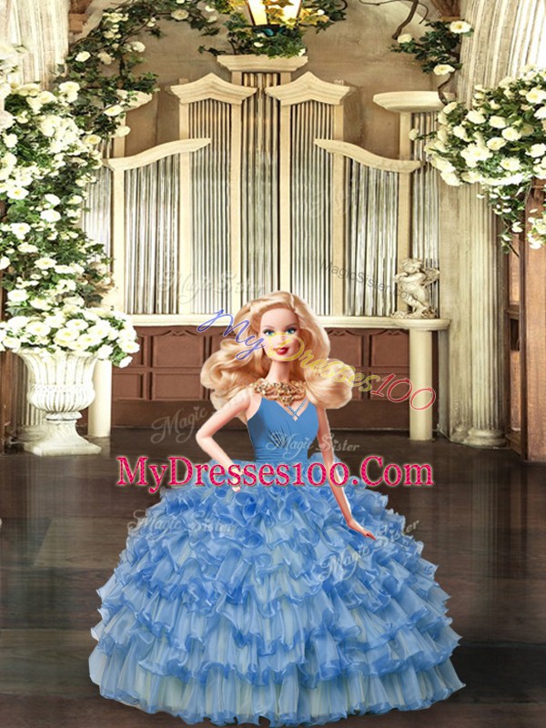 Floor Length Blue Quinceanera Gown V-neck Sleeveless Backless
