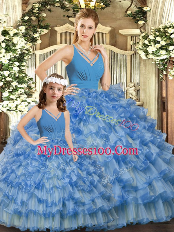 Floor Length Blue Quinceanera Gown V-neck Sleeveless Backless