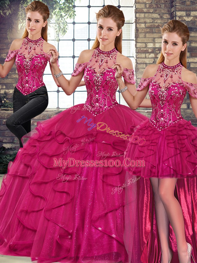 Sophisticated Tulle Halter Top Sleeveless Lace Up Beading and Ruffles 15th Birthday Dress in Fuchsia