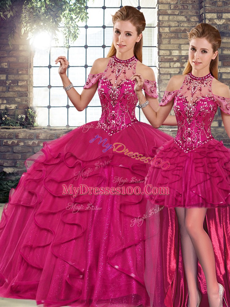 Sophisticated Tulle Halter Top Sleeveless Lace Up Beading and Ruffles 15th Birthday Dress in Fuchsia
