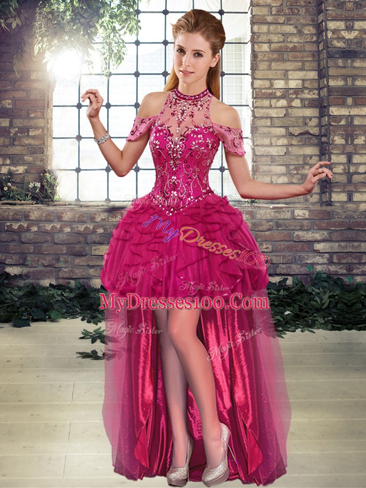 Sophisticated Tulle Halter Top Sleeveless Lace Up Beading and Ruffles 15th Birthday Dress in Fuchsia