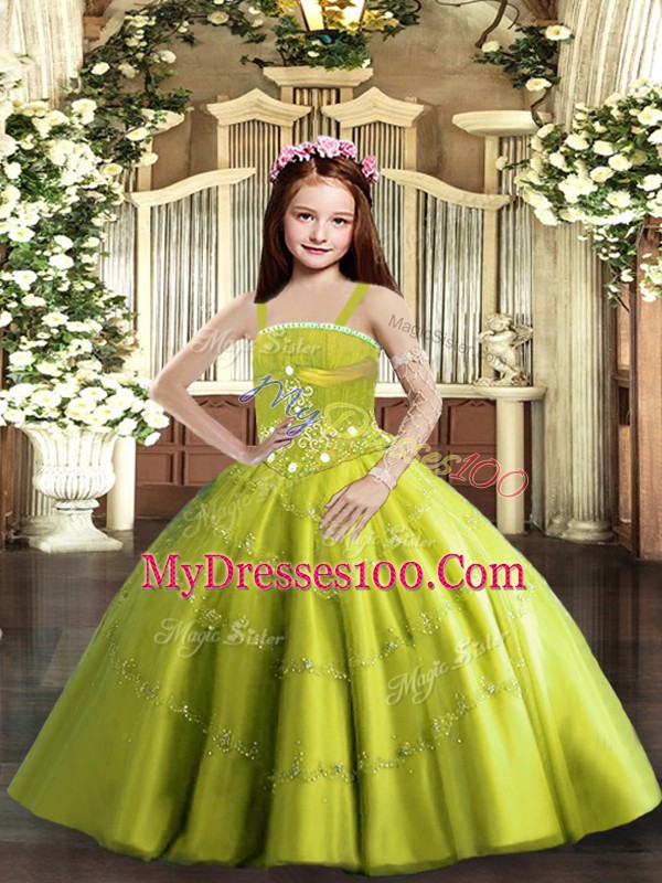 Sleeveless Floor Length Beading Lace Up Pageant Dress for Teens with Yellow Green