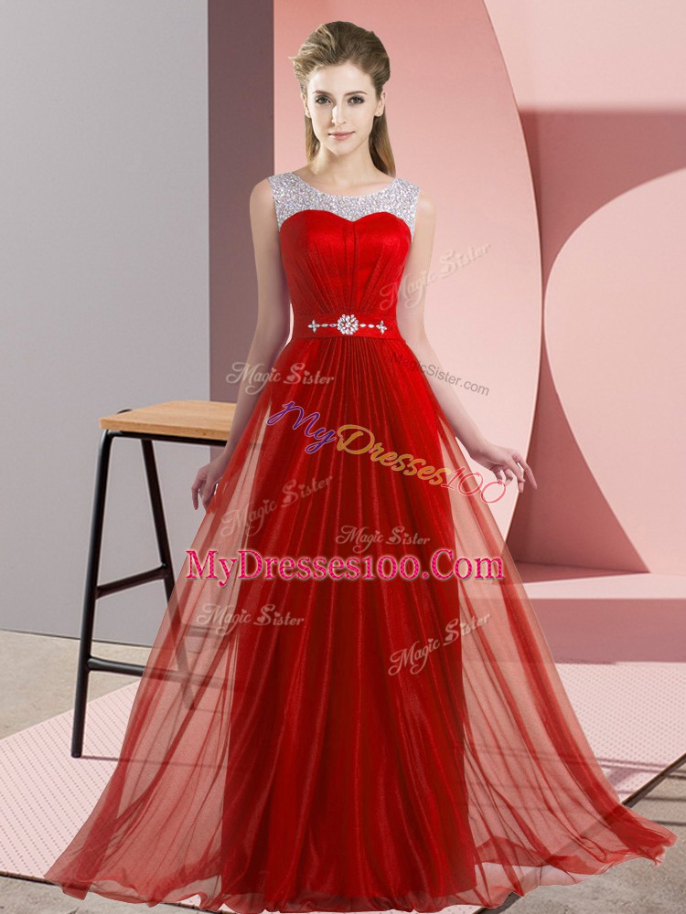 Customized Sleeveless Chiffon Floor Length Lace Up Bridesmaid Gown in Red with Beading